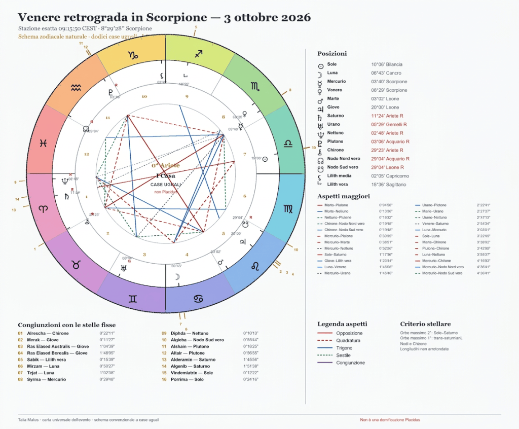 Grafico Venere retrograda 3 ottobre 2026 - case uguali arcobaleno